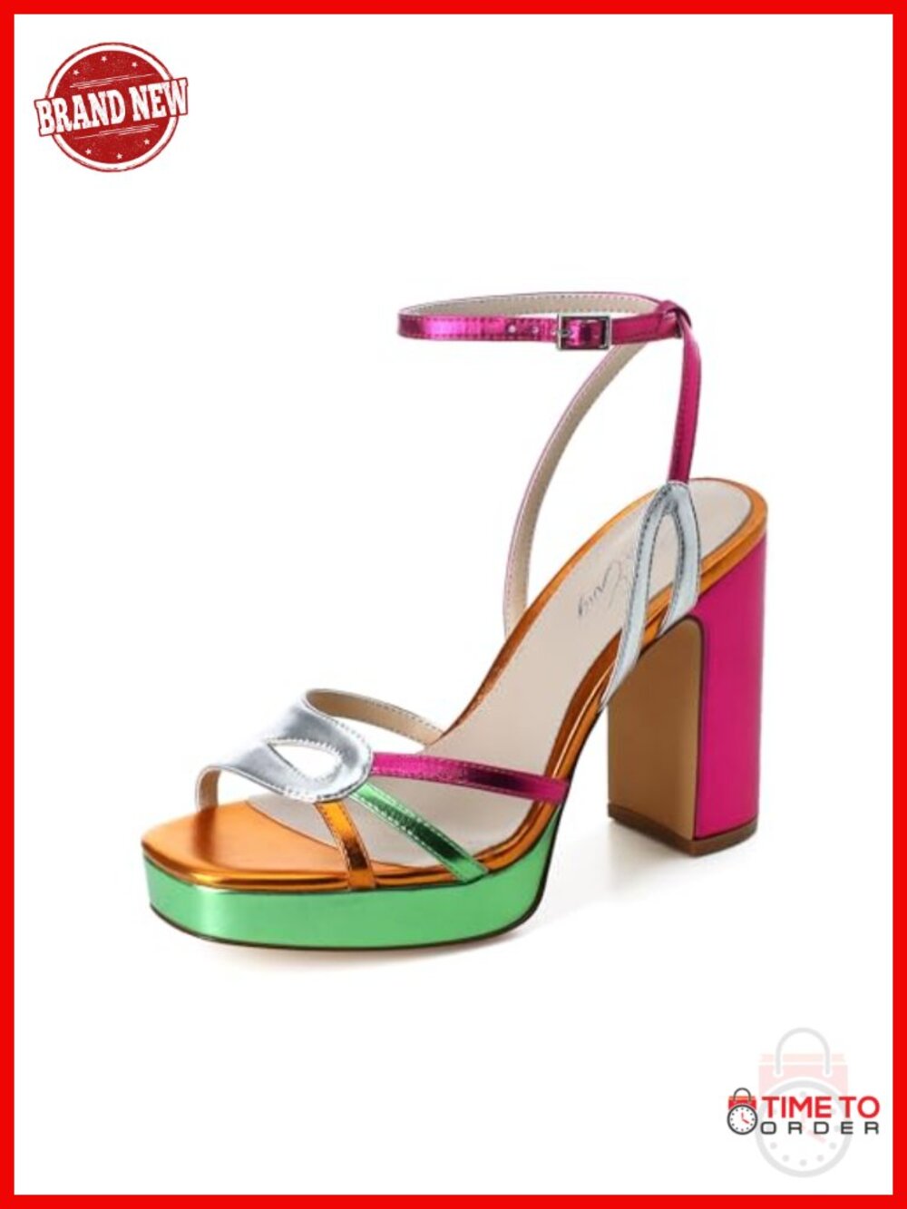 Metallic PU Strappy Platform Heeled Sandals Square Toe Chunky Block Party Heels